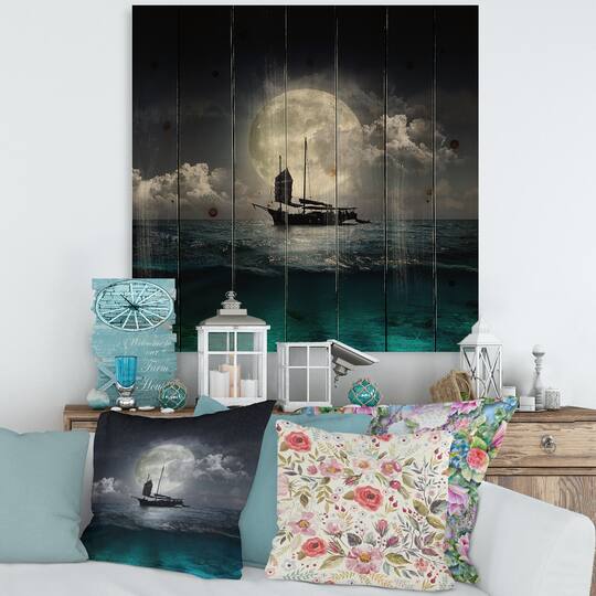 Designart - Fisher Boat On The Lake During Full Moon - Nautical & Coastal Print on Natural Pine Wood